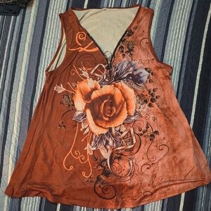 Women’s Floral Zip Front Tank Top - Rust Orange